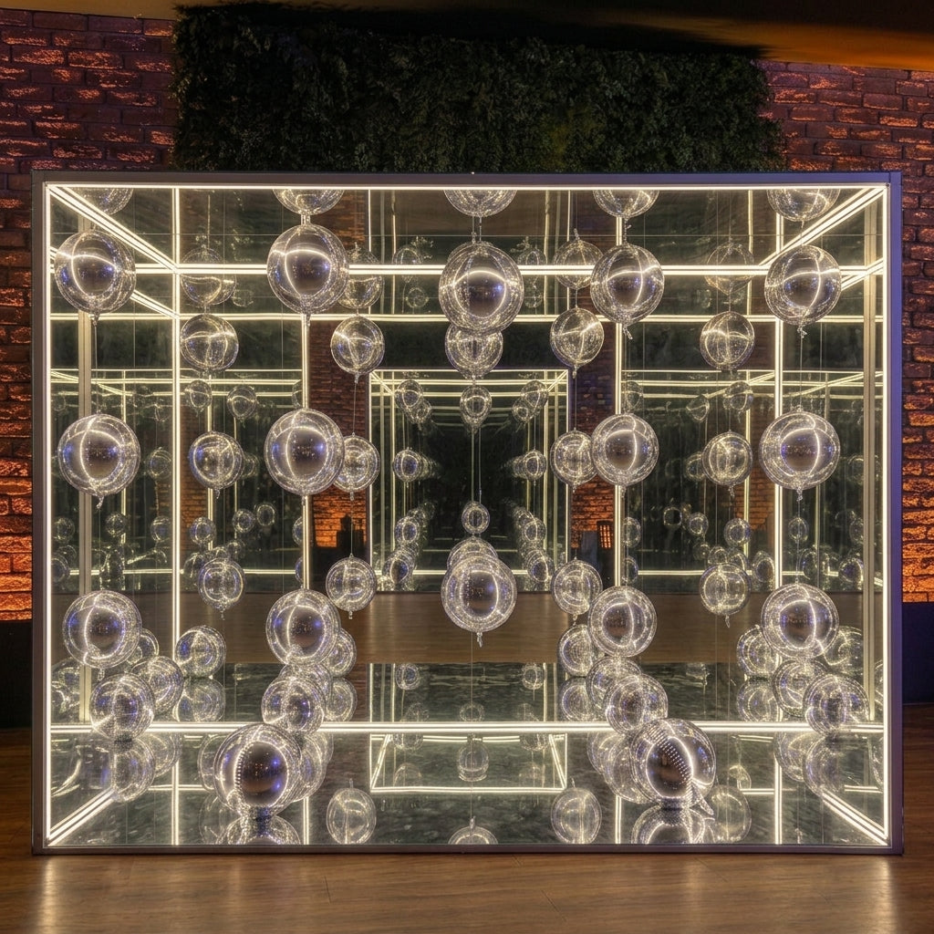 A large rectangular mirrored wall art piece with a black frame, featuring an immersive reflection effect created by suspended clear glass spheres and mirrored panels. The piece is displayed indoors against a dark textured wall with warm ambient lighting.
